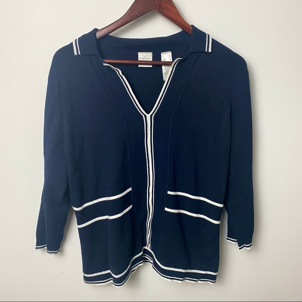 Vintage Emma James V Neck Collared Thin Navy White Sweater Size Large